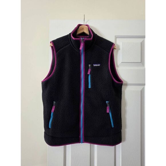 Patagonia Retro Pile Fleece Vest Full Zip Black Pink Blue Men’s Size M - Picture 1 of 9